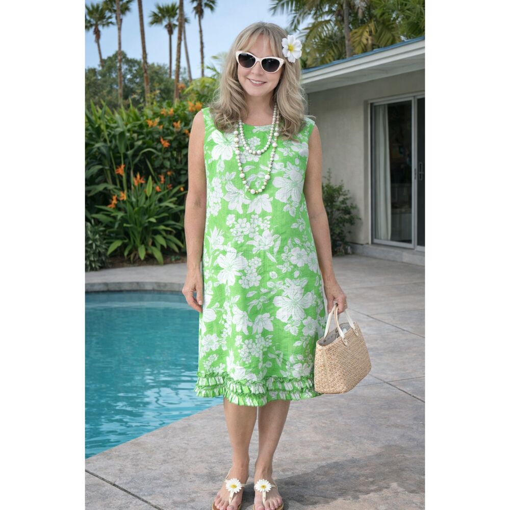 Vintage 60s Hawaiian Print Green & White Shift Dress Women's Large